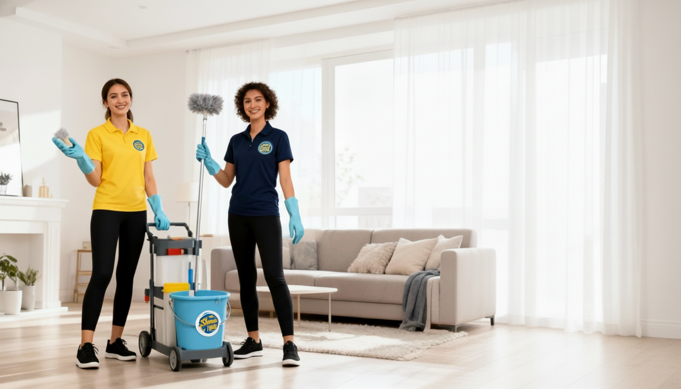 Shine & Tidy team in living room with uniforms and logo